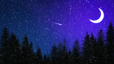 Karlı gece ormanı, kayan yıldız ve ay, Noel arkaplanı
