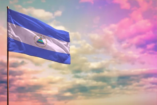Fluttering Nicaragua Zászló Mockup Hely Szöveg Színes Felhős Háttér — Stock Fotó