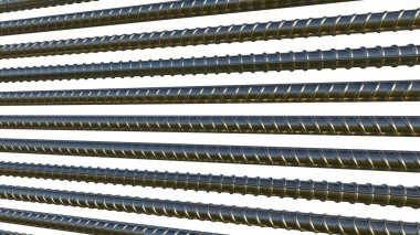 Çelik takviye çubuğu arka planı. izole konsept endüstriyel 3D illüstrasyon