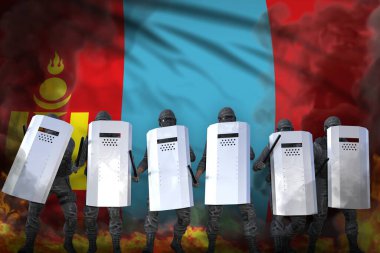 Moğolistan savaş kavramını protesto etti, polis özel kuvvetleri devleti isyana karşı korudu - bayrak arka planında askeri illüstrasyon
