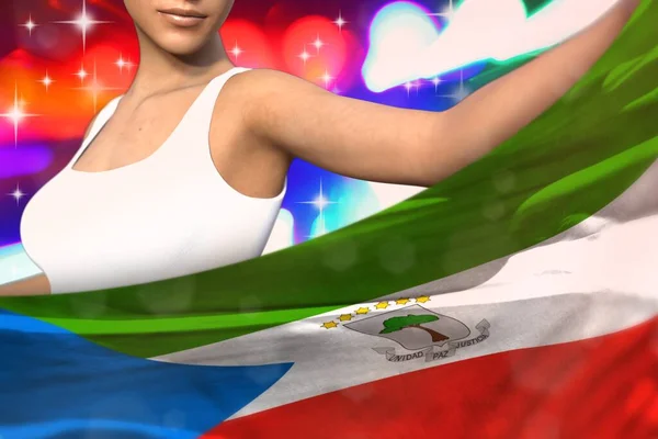 Young Lady Holding Equatorial Guinea Flag Front Her Party Lights — Stock Photo, Image