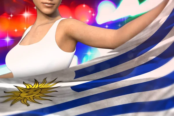 Wanita Cantik Memegang Bendera Uruguay Depannya Pada Lampu Partai Konsep — Stok Foto