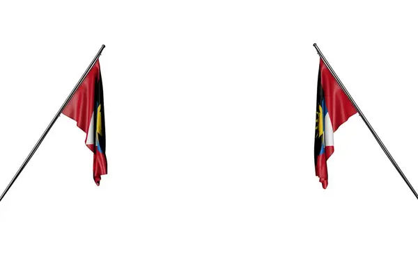 かわいい二つのアンティグア バーブーダの旗は白い上に隔離された二つの側面から角の棒にかかっています どんなお祝いの旗3Dイラスト — ストック写真