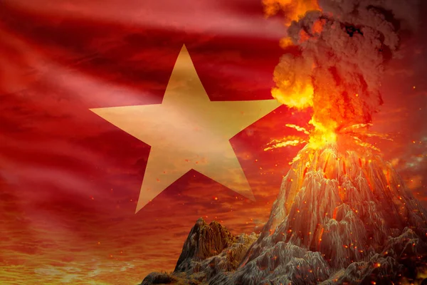 Большое Извержение Вулкана Ночью Взрывом Фоне Флага Вьетнама Проблемы Природной — стоковое фото