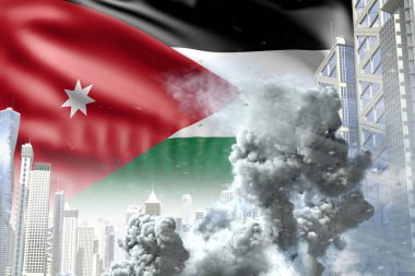 Soyut şehirdeki büyük duman sütunu - endüstriyel patlama kavramı veya Ürdün bayraklı arka planda terörist eylemi, endüstriyel 3D illüstrasyon