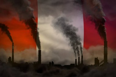 Peru bayrağında ağır endüstriyel baca dumanı - küresel ısınma kavramı, metniniz için arkaplan - endüstriyel 3D illüstrasyon