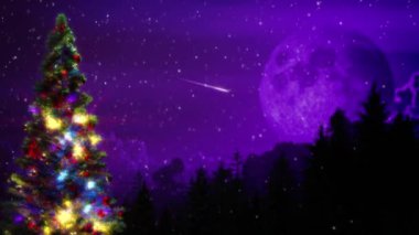Karlı ve kayan yıldızlı ormanda xmas ağacı