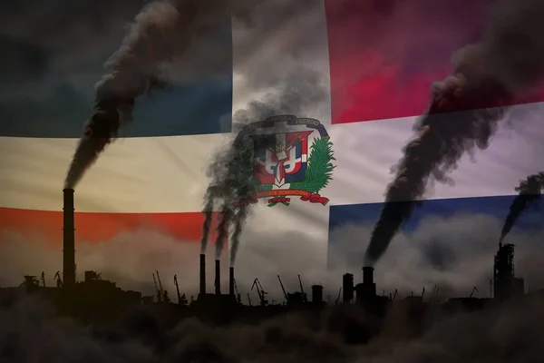 全球变暖概念 多米尼加共和国国旗背景上的工业烟囱冒出浓烟 并附有标识 工业三维插图 — 图库照片