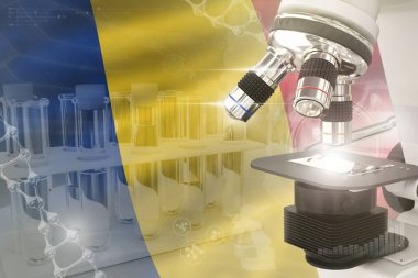 Romanya bayrağında mikroskop - bilimsel gelişim dijital arkaplan. Nanoteknoloji tasarım konsepti araştırması, nesnenin 3 boyutlu çizimi