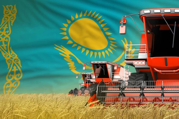Три Современных Красных Комбайна Флагом Казахстана Сельской Местности Близкий Обзор — стоковое фото