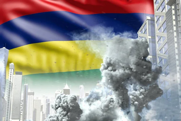 big smoke pillar in abstract city - concept of industrial explosion or act of terror on Mauritius flag background, industrial 3D illustration