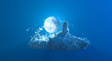 Yalnız büyük mavi kümülüs bulut ve ay, cgi doğa 3D görüntüleme