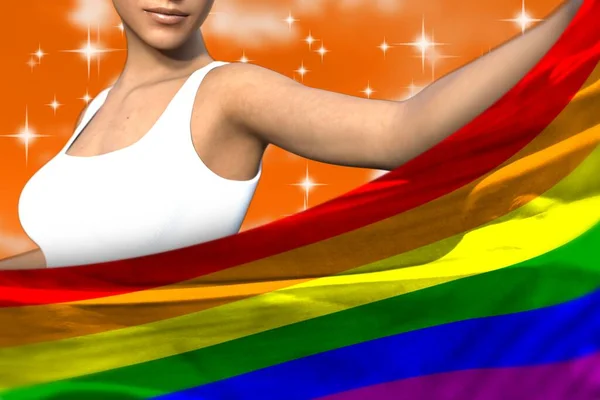 Ung Flicka Håller Gay Pride Flagga Framför Henne Orange Färgglada — Stockfoto