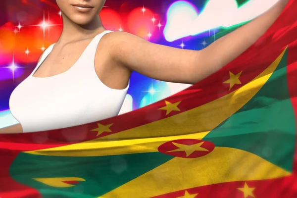 Junge Dame Hält Grenada Fahne Vor Sich Der Partybeleuchtung Fahnenkonzept — Stockfoto