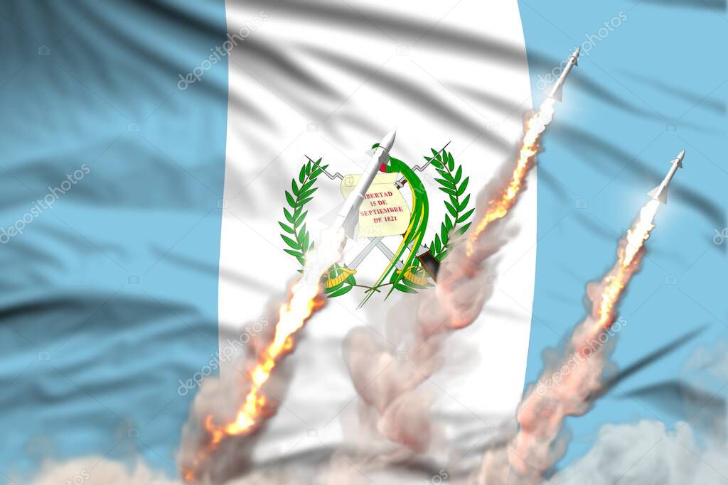 Modern strategic rocket forces concept on flag fabric background, Guatemala supersonic warhead attack - military industrial 3D illustration, nuke with flag