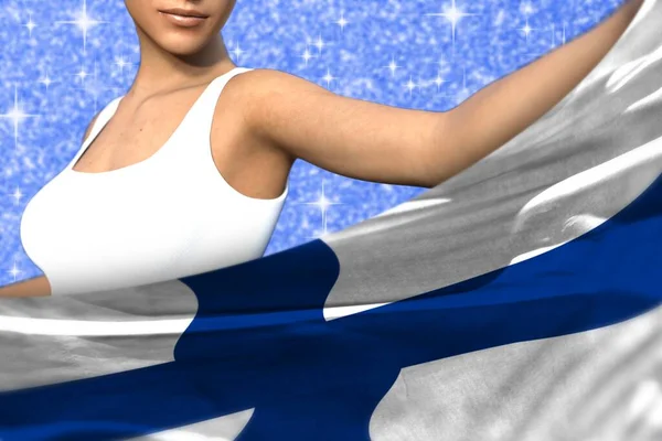 Young Woman Holding Finland Flag Front Her Blue Shining Sparks — Stock Photo, Image