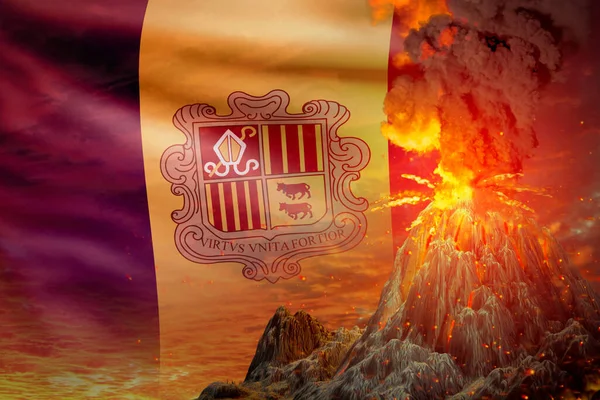 Stratovolcano Blast Eruption Night Explosion Andorra Flag Background Suffer Eruption — Stock Photo, Image