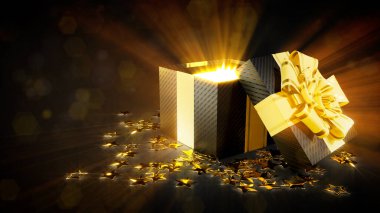 Black Friday hediye paketi içeriden gelen ışıkla açıldı - soyut 3D illüstrasyon