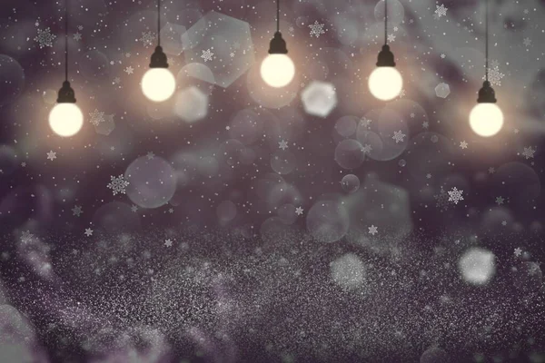 Mooie Glanzende Abstracte Achtergrond Glitterlichten Met Gloeilampen Vallende Sneeuwvlokken Vliegen — Stockfoto