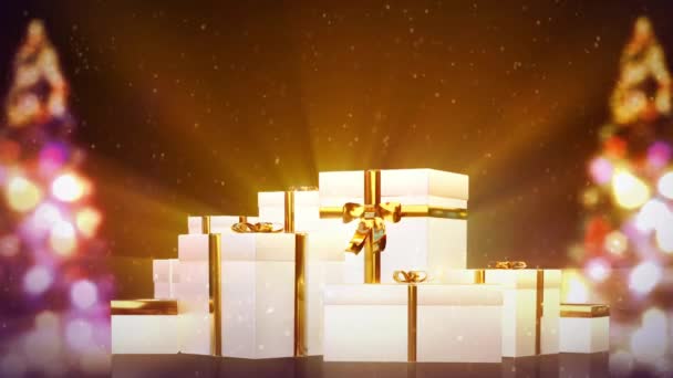 许多礼物盒 盒子里有圣诞树和飘雪 — 图库视频影像