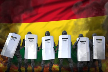 Bolivya polisi özel kuvvetleri ülkeyi gösterilere karşı koruyor - protesto dövüş konsepti, bayrak arka planında askeri illüstrasyon