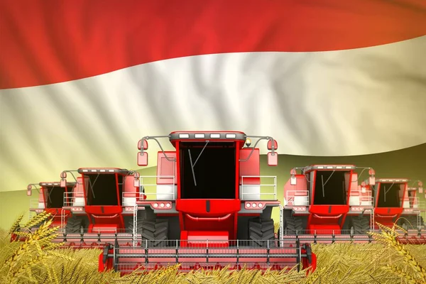 Veel Rode Landbouw Combineren Oogstmachines Het Landbouwveld Met Jemen Vlag — Stockfoto