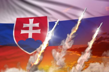 Slovakya nükleer füze fırlatması - günbatımı arka planında modern stratejik nükleer silah konsepti, askeri endüstriyel 3D bayraklı illüstrasyon