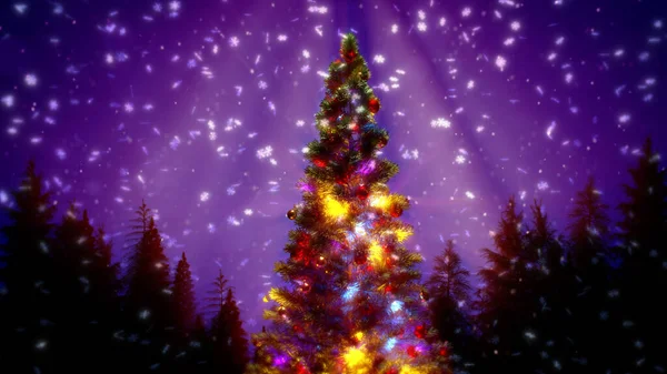 Decorato Pino Natale Foresta Notte Concetto Natura Rendering — Foto Stock