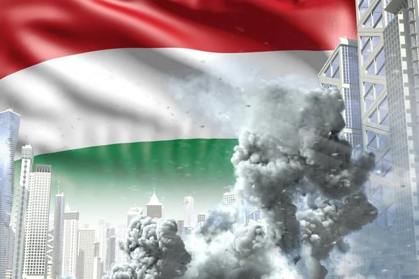 現代都市の巨大な煙柱 ハンガリーの旗の背景に産業事故やテロ行為の概念 産業用3Dイラスト — ストック写真