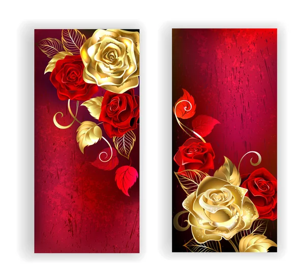 Due banner rosso con Rose oro — Vettoriale Stock