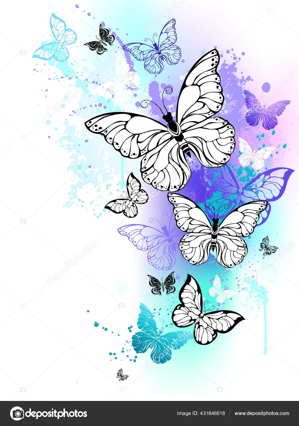 Fliegende Schmetterlinge Vor Dem Hintergrund Der Kontur Schattierte  Violette Und Stock-Vektorgrafik von ©blackmoon979 431646618