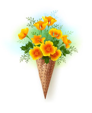 Sanatsal olarak boyanmış waffle külahı. Beyaz arka planda küçük bir buket turuncu Kaliforniya haşhaşı. Mavi ve yeşil boyayla boyanmış..