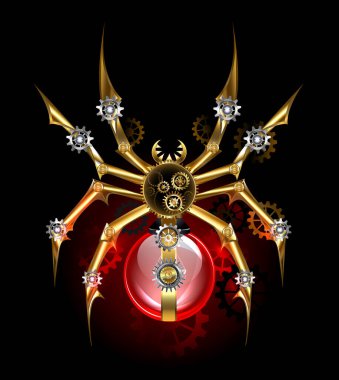 Mekanik, altın kaplı steampunk örümcek, pirinç dişliler ve siyah arka planda kırmızı cam lamba. Steampunk tarzı