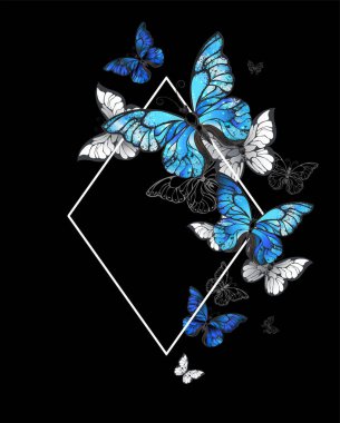 Siyah arka planda uçan kelebek morfosu olan beyaz, şekilli Rhombus afişi. Morpho. Mavi kelebekli morpho tasarımı
