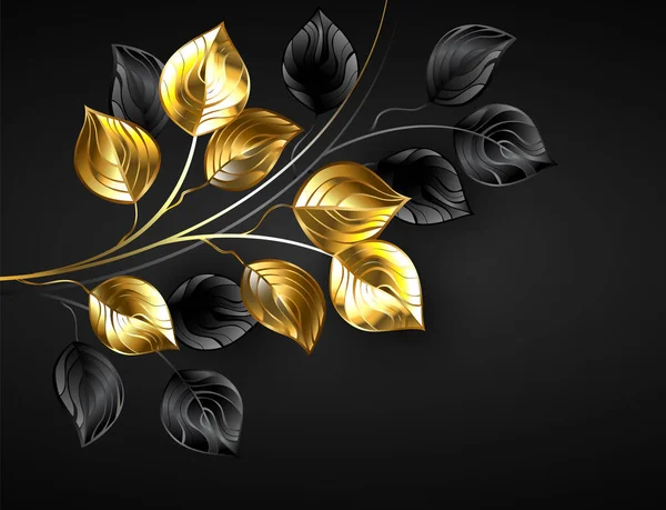 Fondo Negro Con Ramitas Doradas Negras Decoradas Con Hojas Lámina — Vector de stock