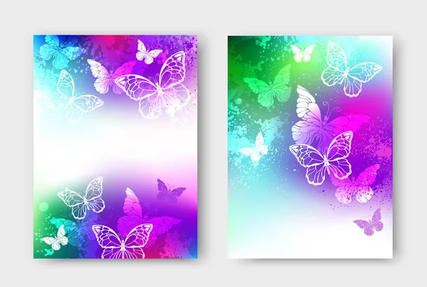 Design Brochure White Butterflies Bright Iridescent Background Stained Colorful Paint — Stock Vector