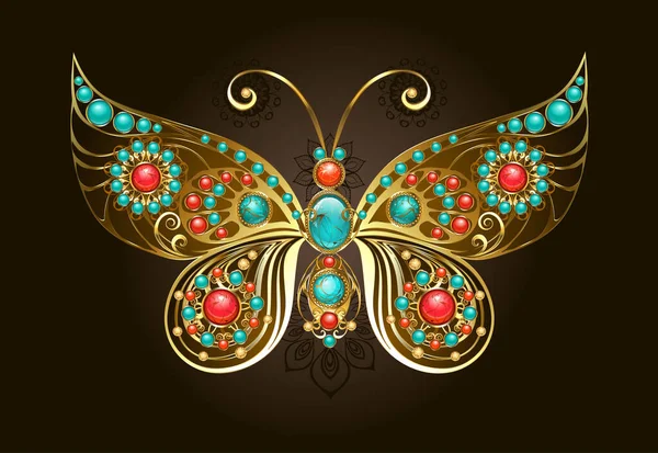 黄铜胸针 花纹蝴蝶的形式 装饰着绿松石 茉莉花 以民族风格 Boho风格 — 图库矢量图片