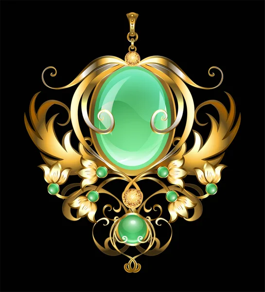 Gouden Broche Met Ovale Chrysoprase Versierd Met Gestileerde Sneeuwklokjes Een — Stockvector