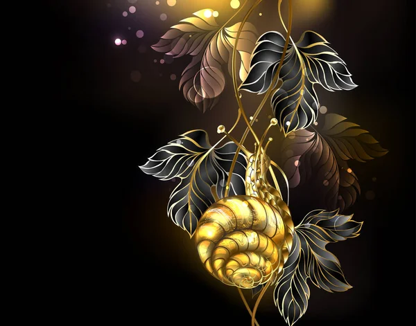 有珠宝的 精细的 金色的蜗牛爬上黑色的葡萄叶子 背景是黑色的 金蜗牛 — 图库矢量图片
