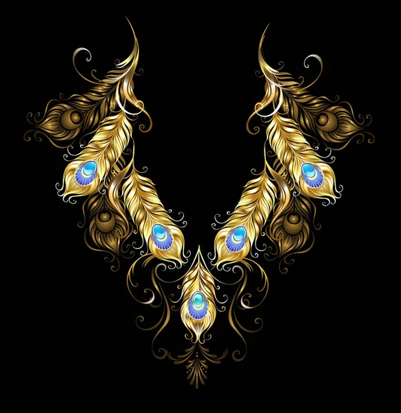 Symmetrical Ornament Gold Peacock Feathers Turquoise Black Background Gold Jewelry — Stock Vector