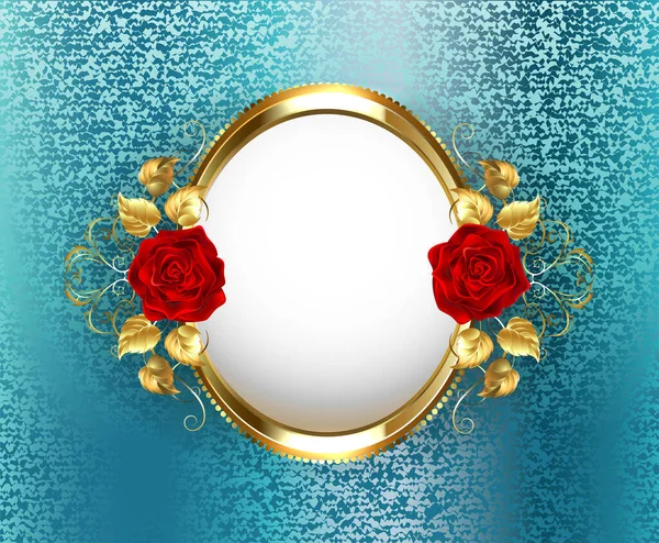 Gold Oval Frame Red Roses Turquoise Brocade Background Design Roses — Stock Vector