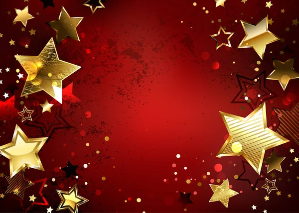 Red Textured Background Sparkling Golden Stars Design Gold Stars — Stock Vector