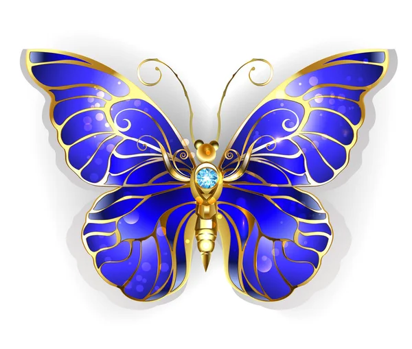 Πολυτέλεια Κοσμήματα Χρυσή Πεταλούδα Σκούρα Μπλε Φτερά Ζαφείρι Λευκό Φόντο — Διανυσματικό Αρχείο