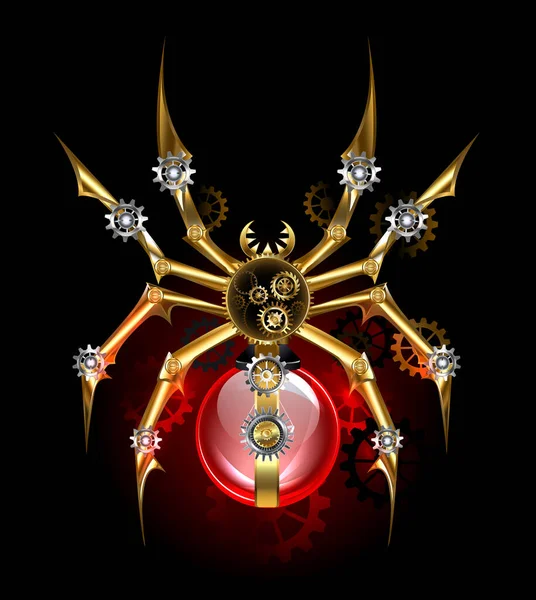 Mechanický Parní Pavouk Zlatým Mosazným Ozubením Červenou Skleněnou Lampou Černém — Stockový vektor