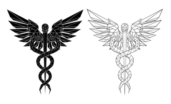 Twee Zwart Wit Veelhoekige Caduceus Symbolen Geïsoleerde Achtergrond Laag Poly — Stockvector