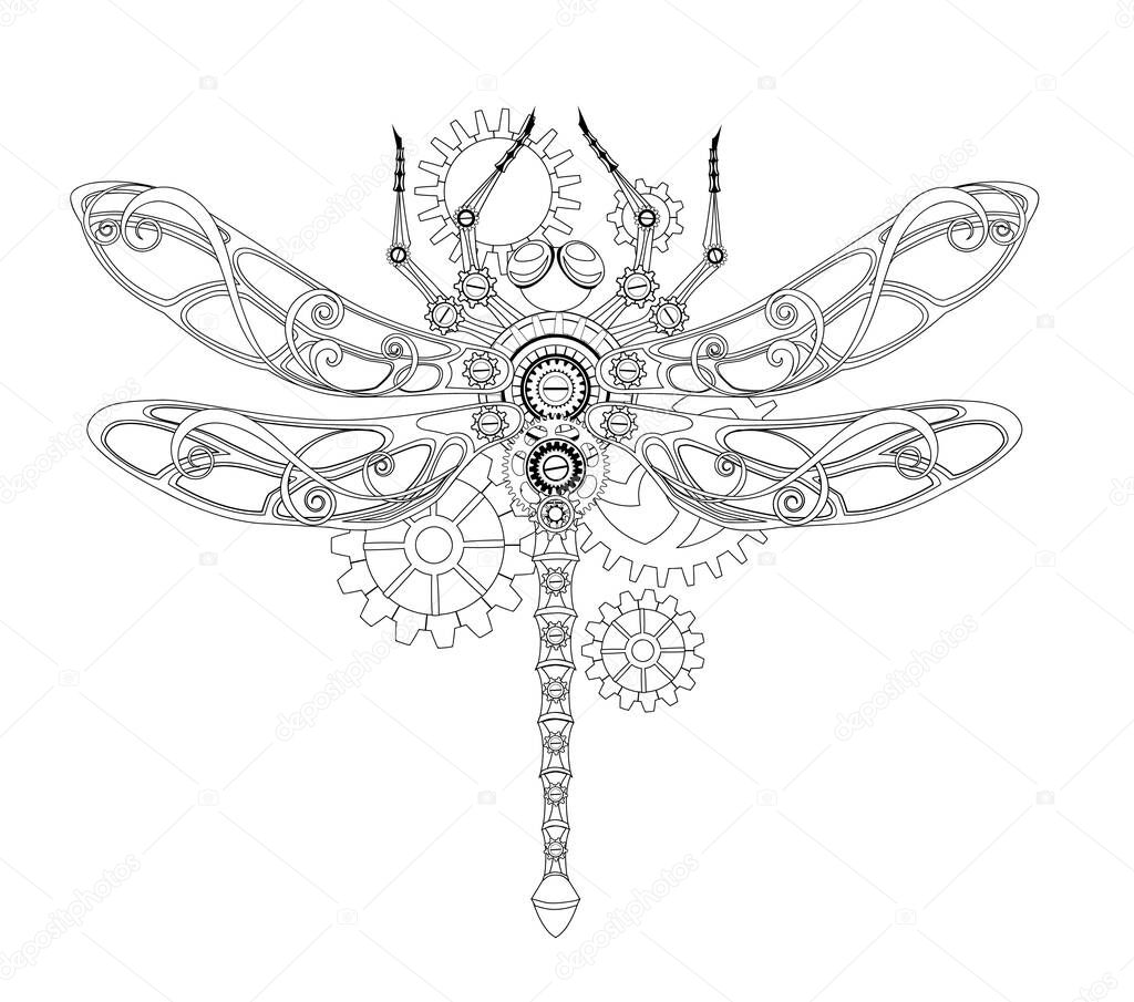 Antique, contour, mechanical dragonfly with gears on white background. Steampunk style.