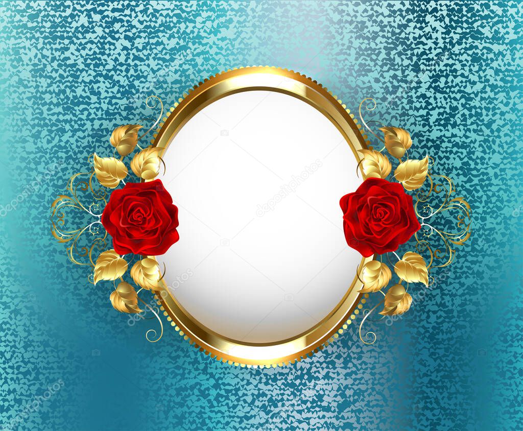 Gold oval frame with red roses on turquoise, brocade background. Design with roses