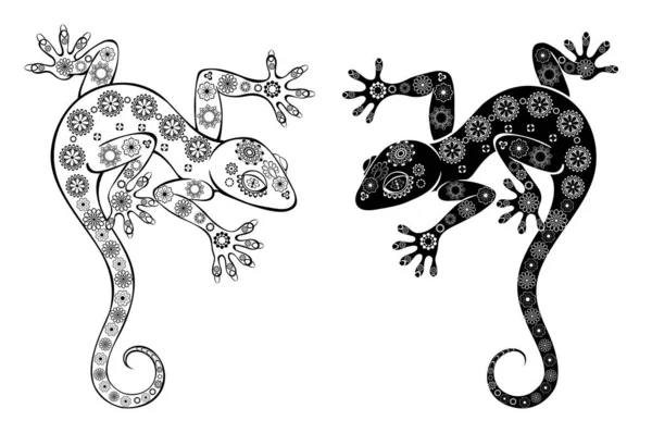 Dos Dibujos Artísticos Con Dibujos Negro Geckos Contorno Sobre Fondo — Vector de stock