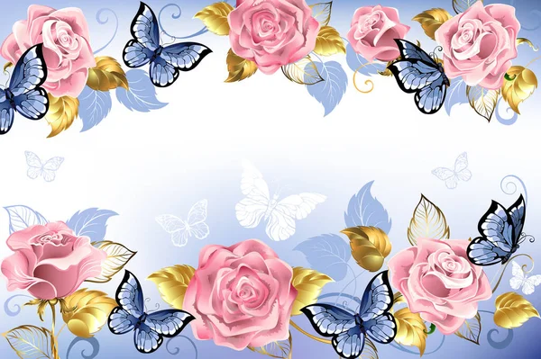 Różowe Róże Niebieskimi Motylami Złotymi Liśćmi Jasnoniebieskim Tle Projekt Różami — Wektor stockowy