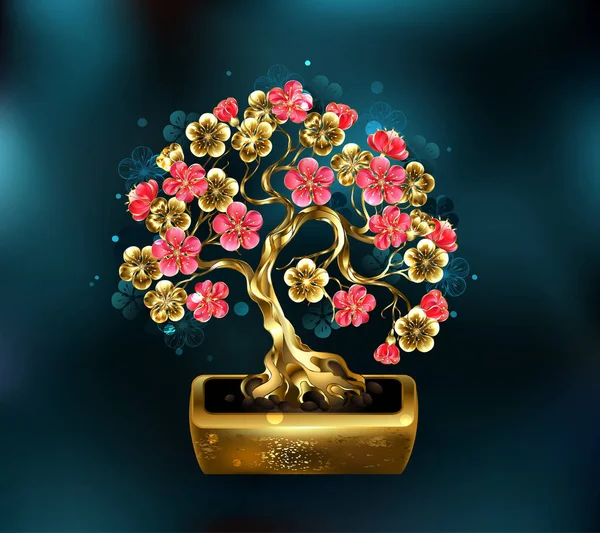 Sakura Bonsai Jóias Com Tronco Dourado Decorado Com Flores Douradas Ilustração De Bancos De Imagens